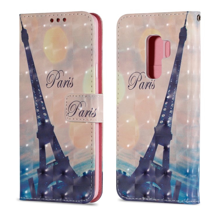 Pattern Printing Wallet Leather Stand Phone Acessory Tampa Para Samsung Galaxy S9 Plus - Effel Tower And Moon