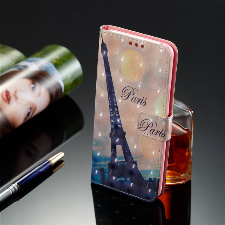 Pattern Printing Wallet Leather Stand Phone Acessory Tampa Para Samsung Galaxy S9 Plus - Effel Tower And Moon