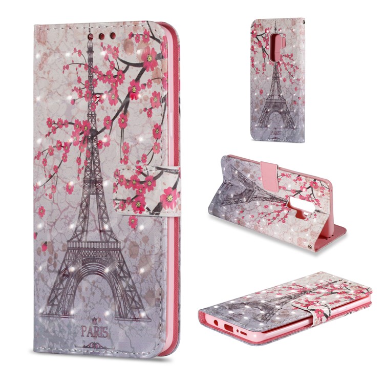 Pattern Printing Wallet Leather Stand Phone Casing Cover for Samsung Galaxy S9 Plus - Effel Tower and Peach Flower-1