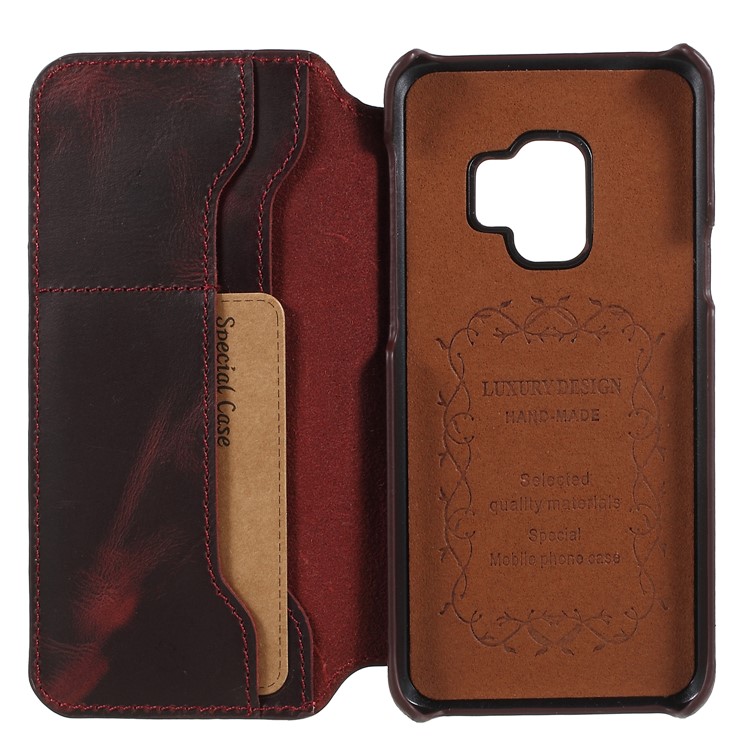 Vintage Genuine Leather Wallet Phone Cover for Samsung Galaxy S9 G960 - Wine Red-4