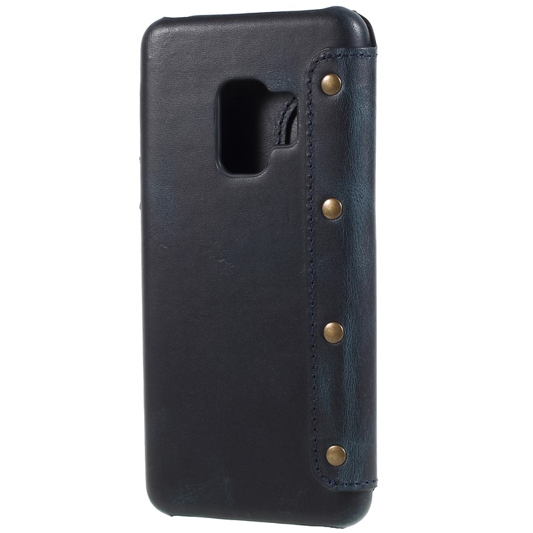 Vintage Genuine Leather Wallet Phone Shell for Samsung Galaxy S9 G960 - Blue-2
