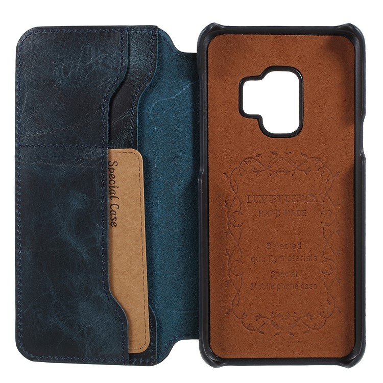 Vintage Genuine Leather Wallet Phone Shell for Samsung Galaxy S9 G960 - Blue-4