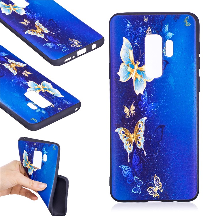 For Samsung Galaxy S9+ G965 Embossment Patterned TPU Mobile Phone Case - Blue and Gold Butterfly-1