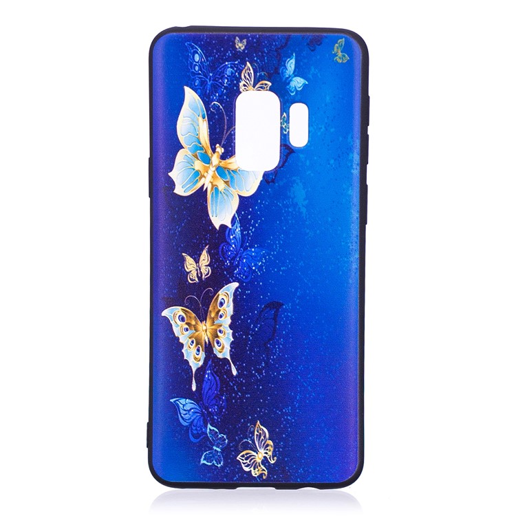 Embossment Patterned Soft TPU Mobile Case for Samsung Galaxy S9 - Blue and Gold Butterfly-2