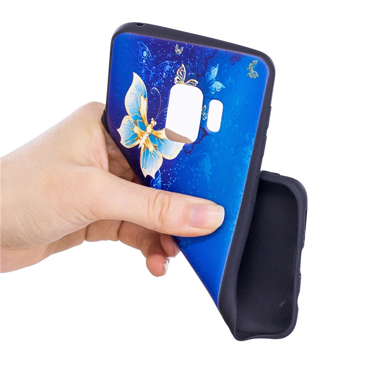Embossment Patterned Soft TPU Mobile Case for Samsung Galaxy S9 - Blue and Gold Butterfly-7