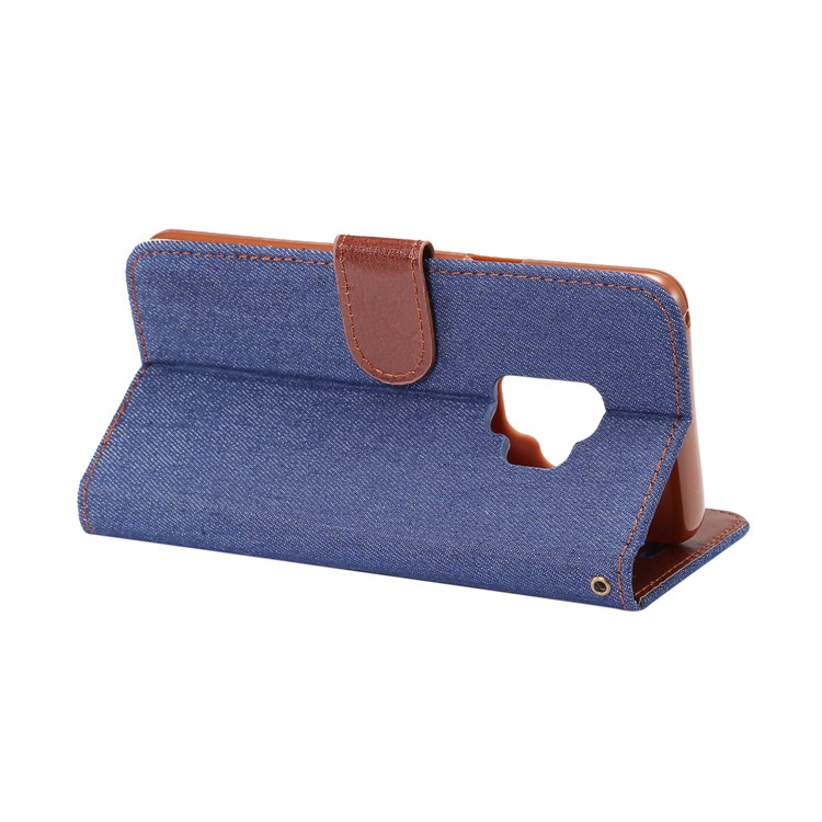 Jeans Cloth Diary Style Leather Stand Cover Shell with Card Holder for Samsung Galaxy S9 G960 - Dark Blue-4