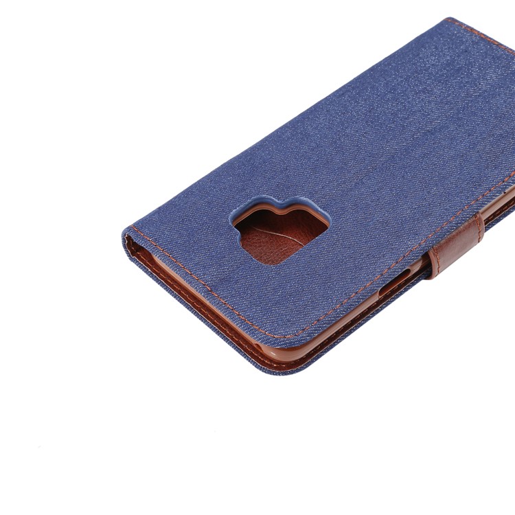 Jeans Cloth Diary Style Leather Stand Cover Shell with Card Holder for Samsung Galaxy S9 G960 - Dark Blue-6