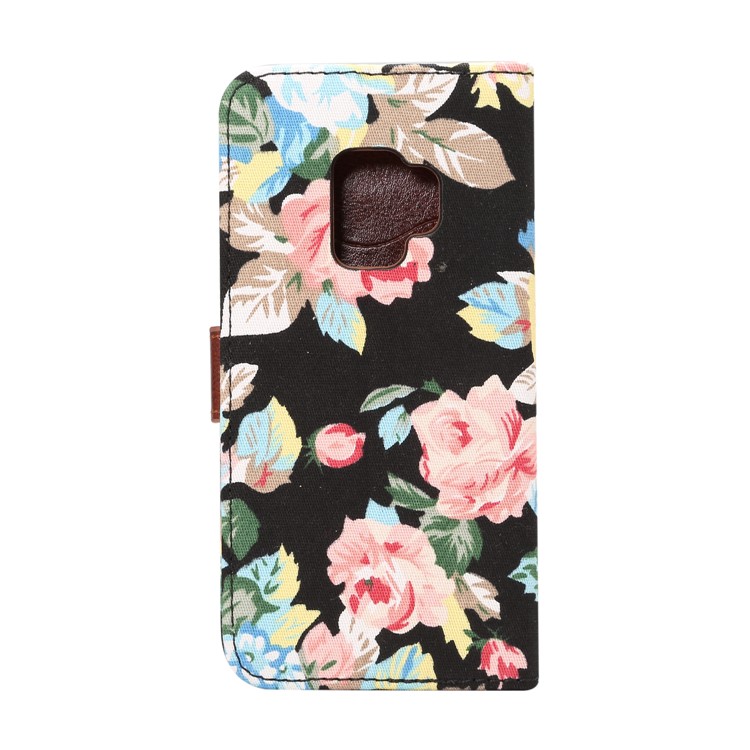 Flowers Pattern Cloth Skin Leather Stand Case with Card Slots for Samsung Galaxy S9 G960 - Black-3