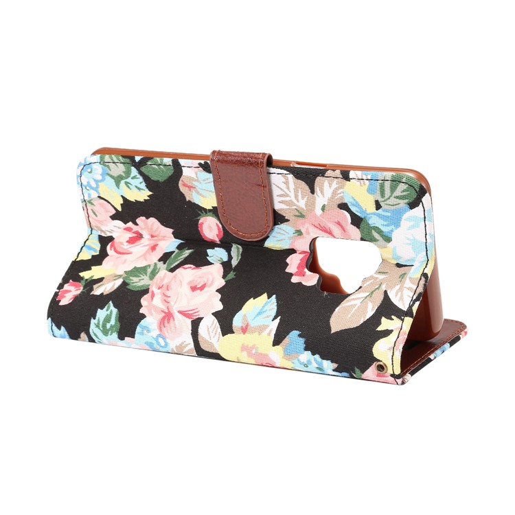 Flowers Pattern Cloth Skin Leather Stand Case with Card Slots for Samsung Galaxy S9 G960 - Black-5