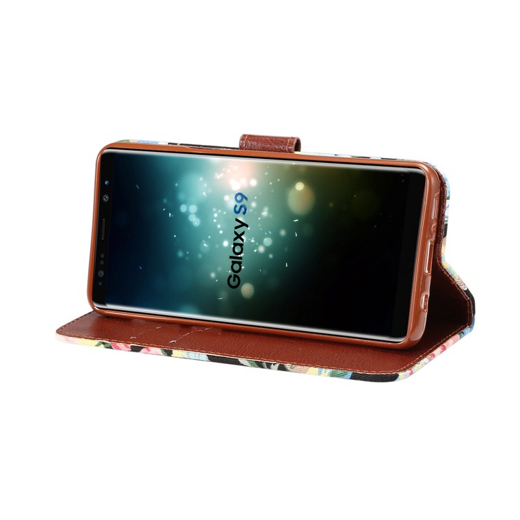 Flowers Pattern Cloth Skin Leather Stand Case with Card Slots for Samsung Galaxy S9 G960 - Black-6