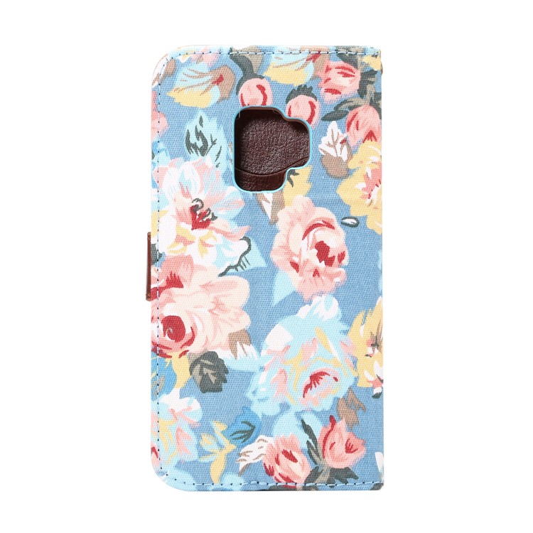 Flowers Pattern Cloth Skin Leather Mobile Cover with Card Holder for Samsung Galaxy S9 - Blue-3