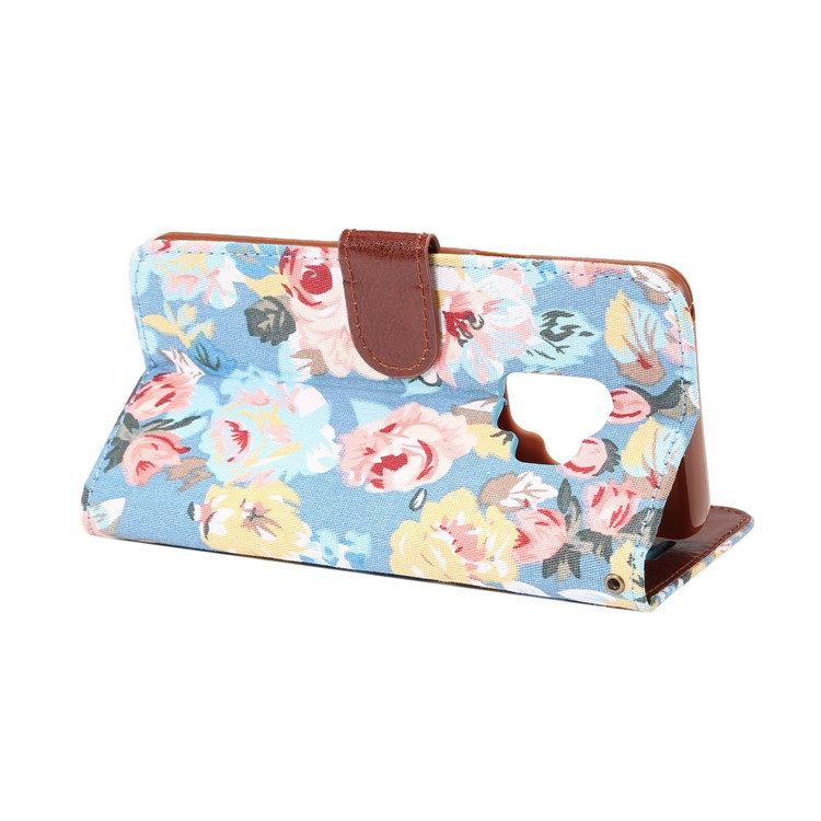 Flowers Pattern Cloth Skin Leather Mobile Cover with Card Holder for Samsung Galaxy S9 - Blue-4