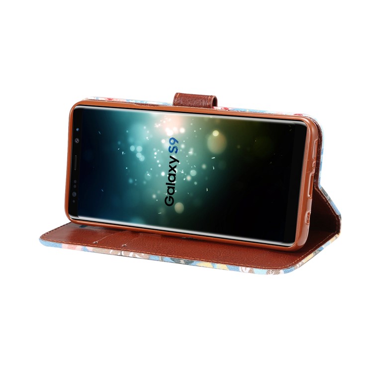 Flowers Pattern Cloth Skin Leather Mobile Cover with Card Holder for Samsung Galaxy S9 - Blue-5