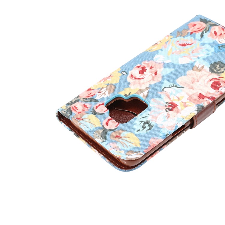 Flowers Pattern Cloth Skin Leather Mobile Cover with Card Holder for Samsung Galaxy S9 - Blue-6