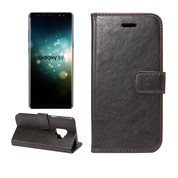 Crazy Horse Flip Leather Wallet Cell Phone Cover for Samsung Galaxy S9 - Black-1