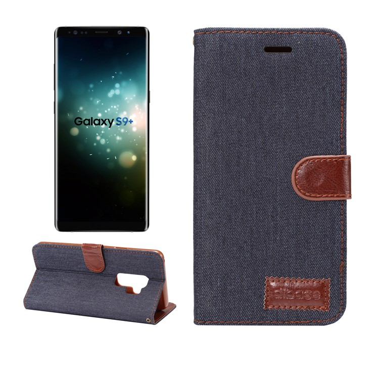 Jeans Cloth Texture Leather Stand Card Slots Case for Samsung Galaxy S9 Plus - Black Blue-1