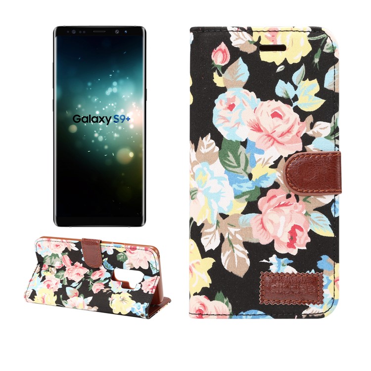 Flower Cloth Texture Leather Stand Card Slots Case for Samsung Galaxy S9 Plus - Black-1