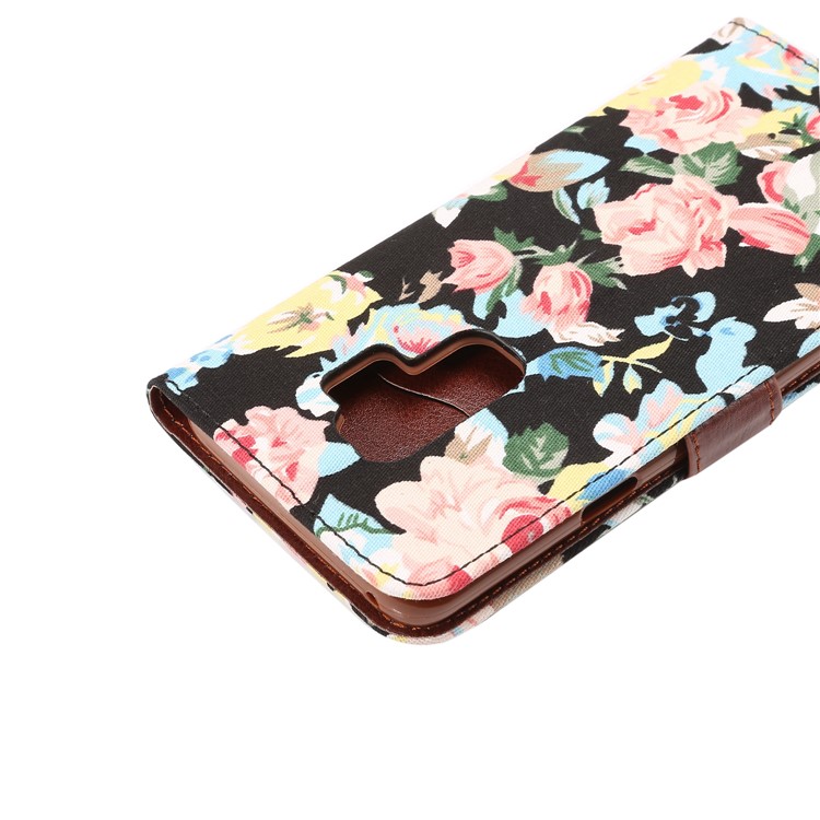 Flower Cloth Texture Leather Stand Card Slots Case for Samsung Galaxy S9 Plus - Black-7