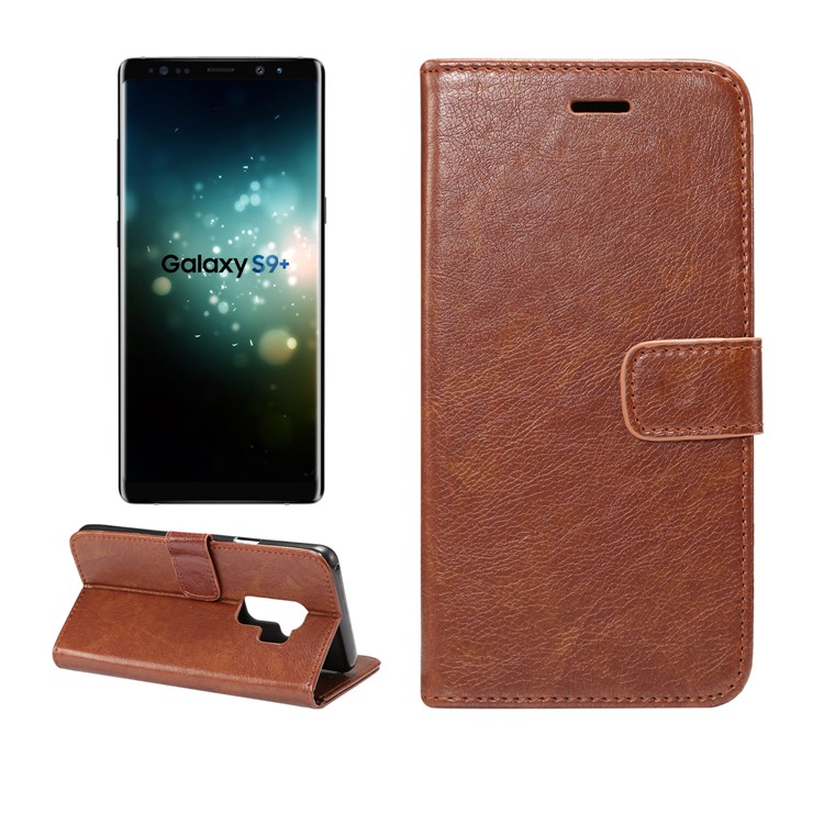 Crazy Horse Texture Leather Wallet Mobile Phone Shell for Samsung Galaxy S9 Plus - Coffee-1