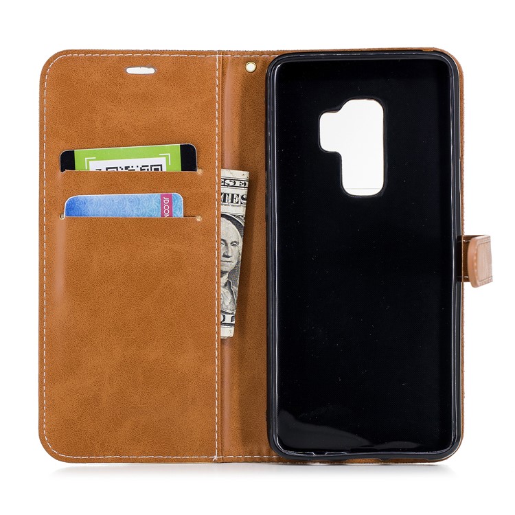 Jeans Cloth Skin Wallet Stand Leather Case with Lanyard for Samsung Galaxy S9+ G965 - Khaki-10