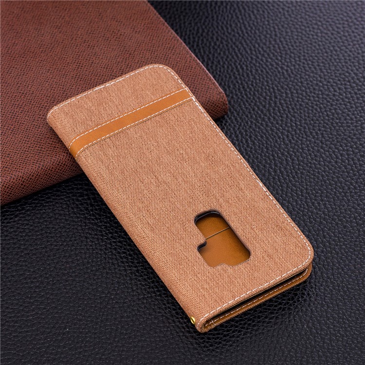 Jeans Cloth Skin Wallet Stand Leather Case with Lanyard for Samsung Galaxy S9+ G965 - Khaki-5