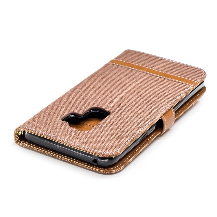 Jeans Cloth Skin Wallet Stand Leather Case with Lanyard for Samsung Galaxy S9+ G965 - Khaki-9