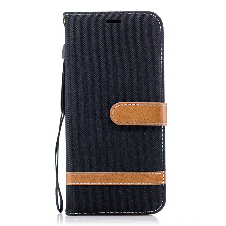 Jeans Cloth Skin Wallet Stand Leather Cover with Lanyard for Samsung Galaxy S9+ G965 - Black-2