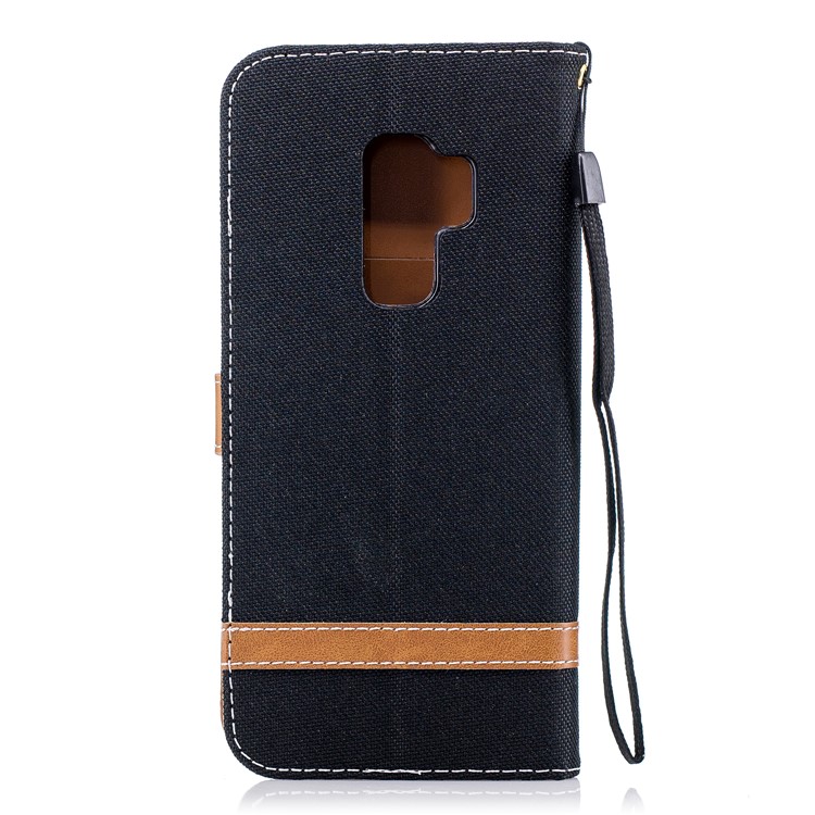 Jeans Cloth Skin Wallet Stand Leather Cover with Lanyard for Samsung Galaxy S9+ G965 - Black-3