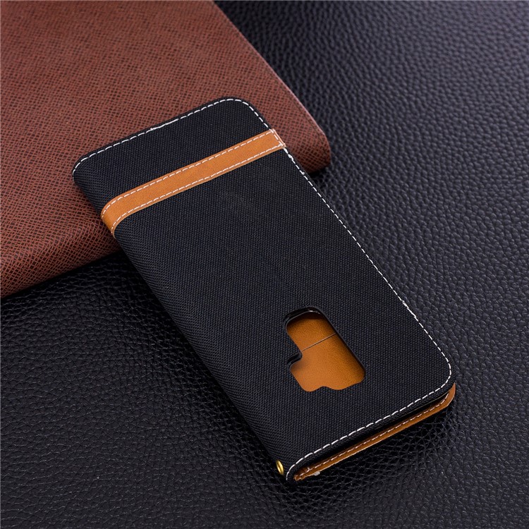 Jeans Cloth Skin Wallet Stand Leather Cover with Lanyard for Samsung Galaxy S9+ G965 - Black-5