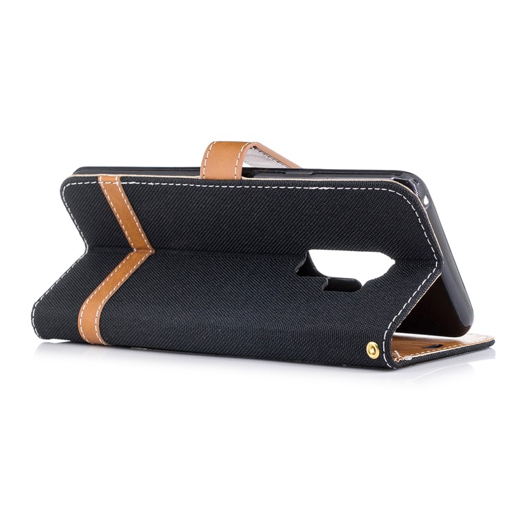 Jeans Cloth Skin Wallet Stand Leather Cover with Lanyard for Samsung Galaxy S9+ G965 - Black-6