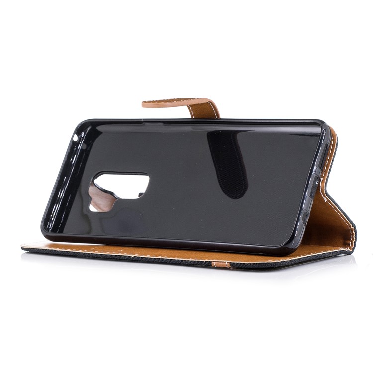 Jeans Cloth Skin Wallet Stand Leather Cover with Lanyard for Samsung Galaxy S9+ G965 - Black-7