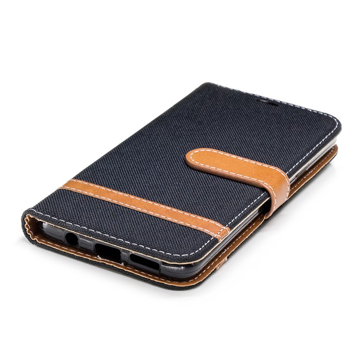 Jeans Cloth Skin Wallet Stand Leather Cover with Lanyard for Samsung Galaxy S9+ G965 - Black-8