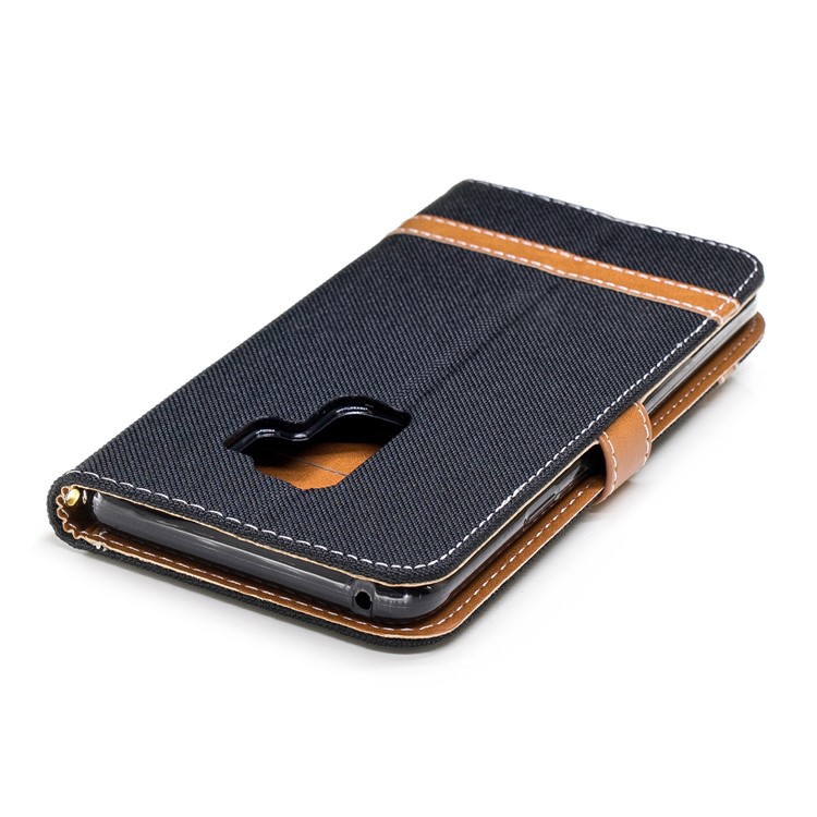 Jeans Cloth Skin Wallet Stand Leather Cover with Lanyard for Samsung Galaxy S9+ G965 - Black-9