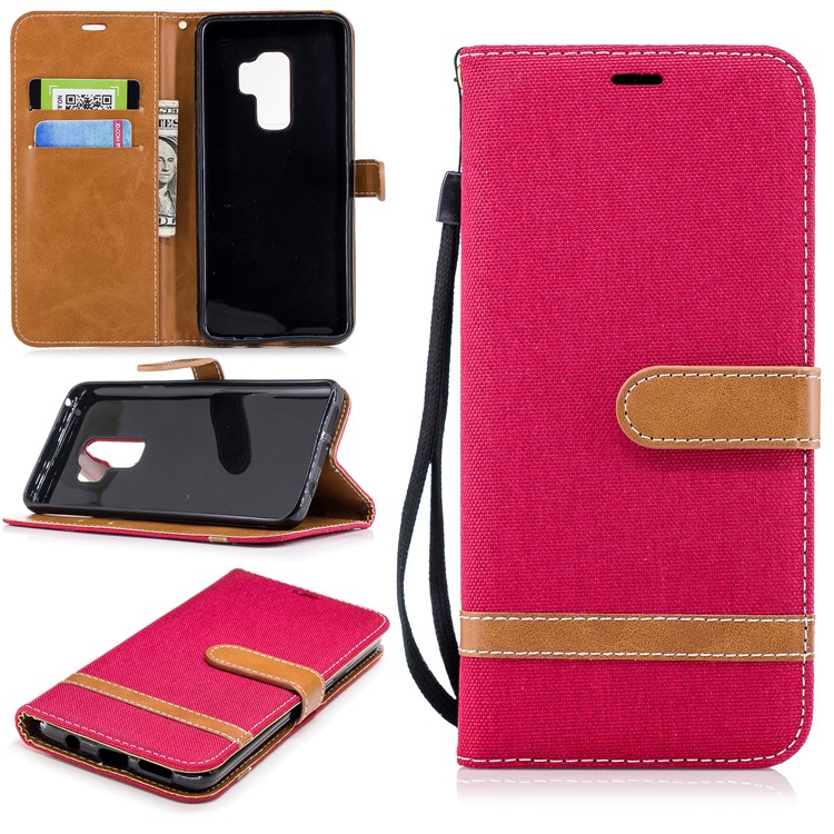 Jeans Cloth Skin Card Holder Leather Stand Phone Case for Samsung Galaxy S9+ G965 - Red-1