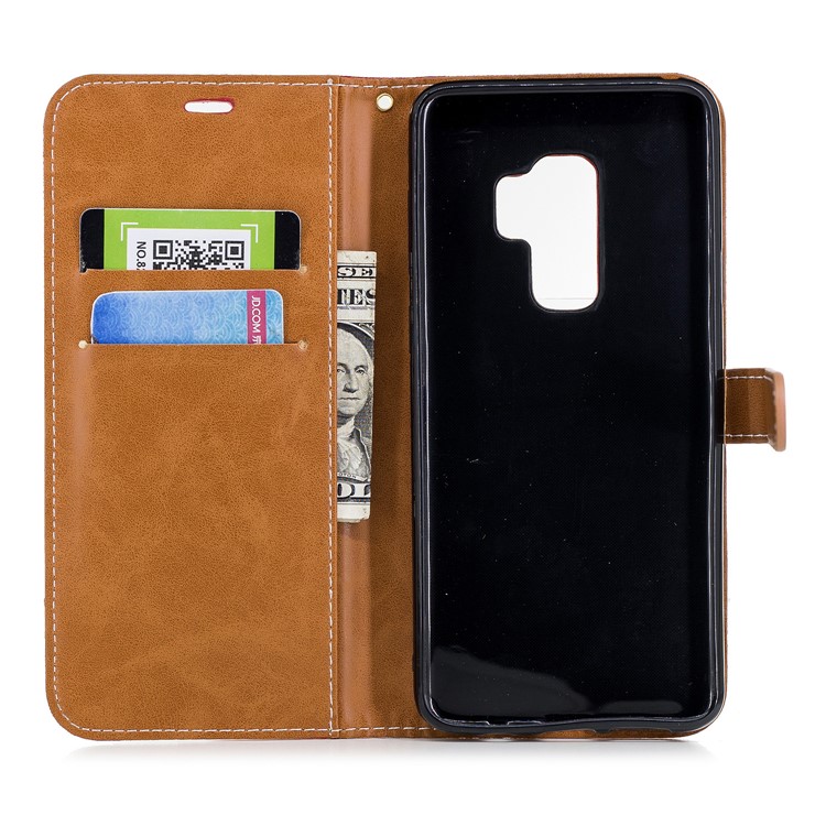 Jeans Cloth Skin Card Holder Leather Stand Phone Case for Samsung Galaxy S9+ G965 - Red-10