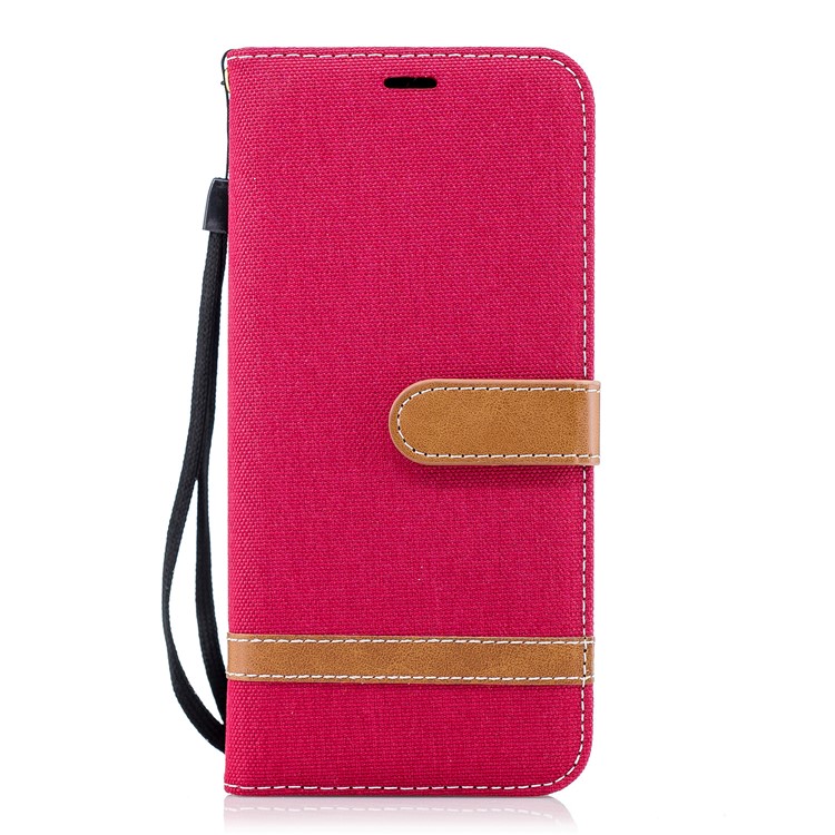 Jeans Cloth Skin Card Holder Leather Stand Phone Case for Samsung Galaxy S9+ G965 - Red-2