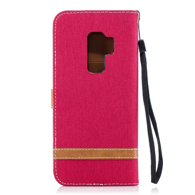 Jeans Cloth Skin Card Holder Leather Stand Phone Case for Samsung Galaxy S9+ G965 - Red-3