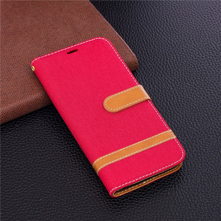 Jeans Cloth Skin Card Holder Leather Stand Phone Case for Samsung Galaxy S9+ G965 - Red-4