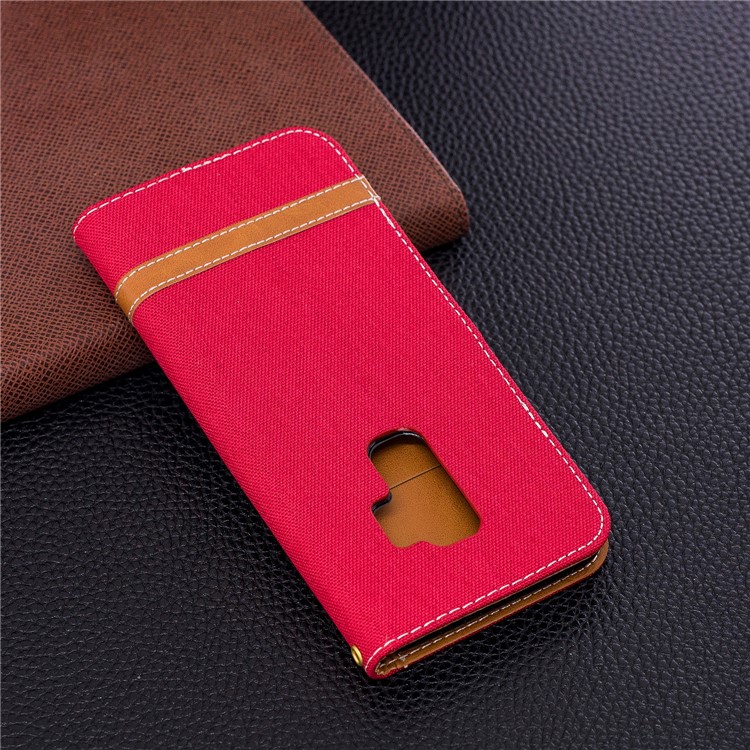 Jeans Cloth Skin Card Holder Leather Stand Phone Case for Samsung Galaxy S9+ G965 - Red-5
