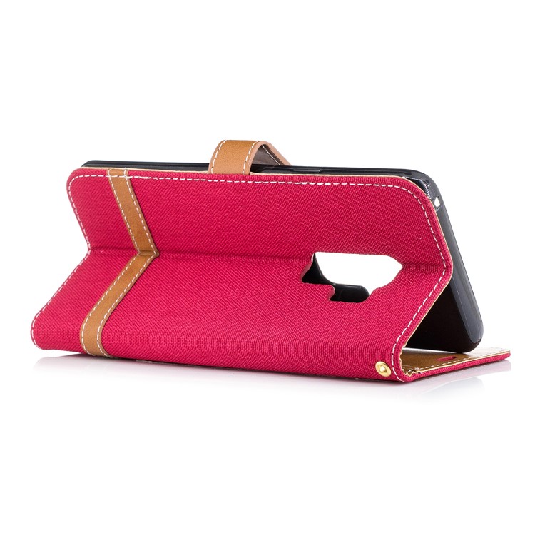 Jeans Cloth Skin Card Holder Leather Stand Phone Case for Samsung Galaxy S9+ G965 - Red-6