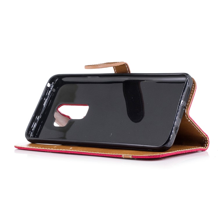 Jeans Cloth Skin Card Holder Leather Stand Phone Case for Samsung Galaxy S9+ G965 - Red-7