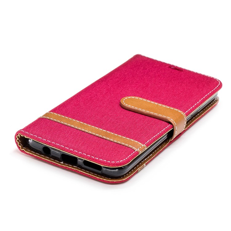 Jeans Cloth Skin Card Holder Leather Stand Phone Case for Samsung Galaxy S9+ G965 - Red-8