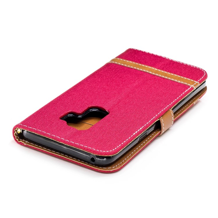 Jeans Cloth Skin Card Holder Leather Stand Phone Case for Samsung Galaxy S9+ G965 - Red-9