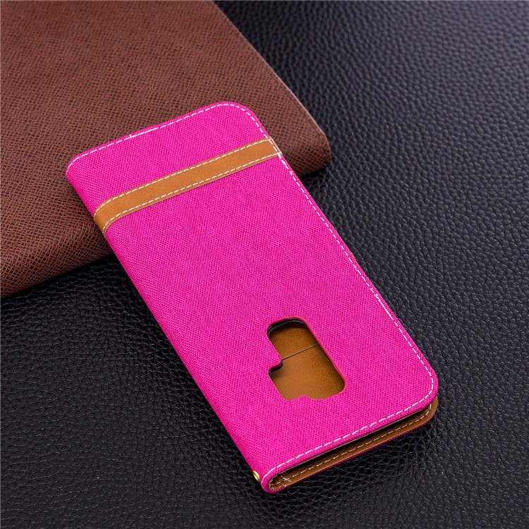 Jeans Cloth Skin Card Holder Leather Stand Phone Cover for Samsung Galaxy S9+ G965 - Rose-5