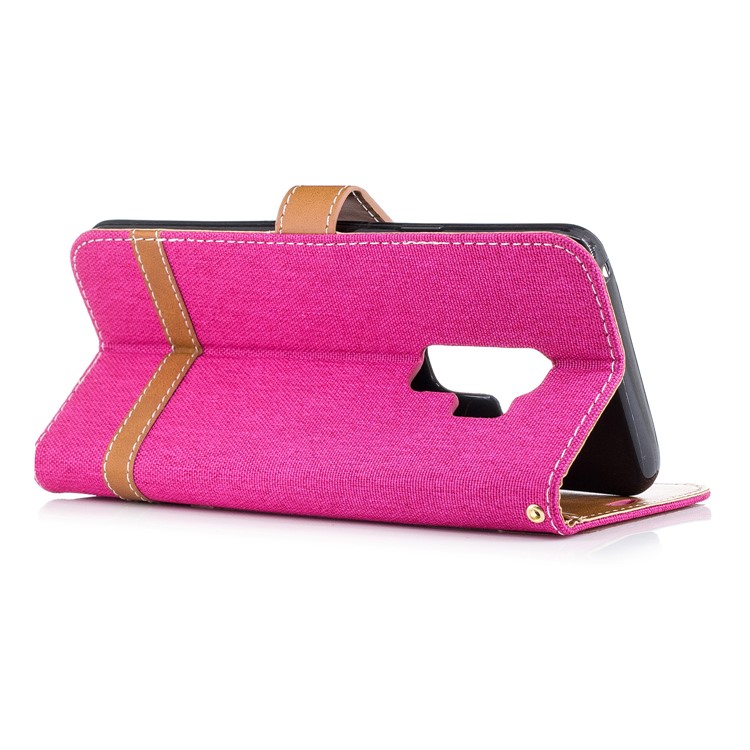 Jeans Cloth Skin Card Holder Leather Stand Phone Cover for Samsung Galaxy S9+ G965 - Rose-6