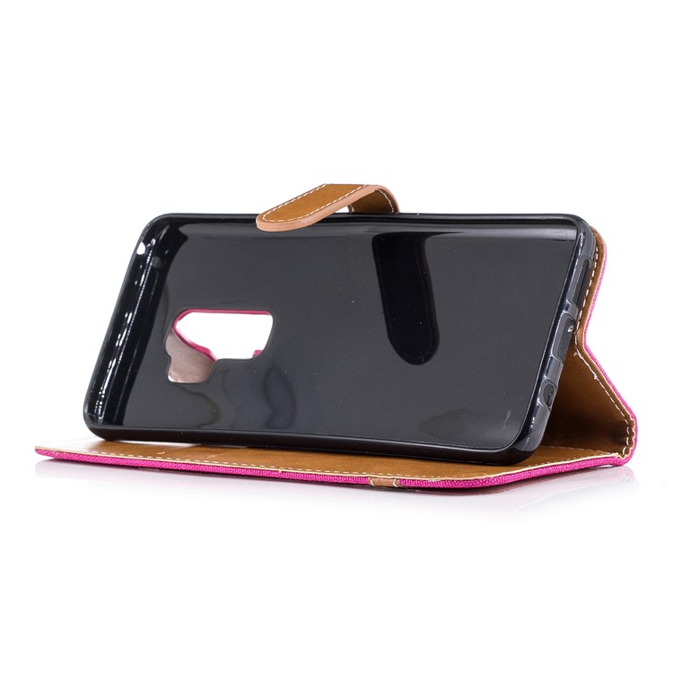 Jeans Cloth Skin Card Holder Leather Stand Phone Cover for Samsung Galaxy S9+ G965 - Rose-7