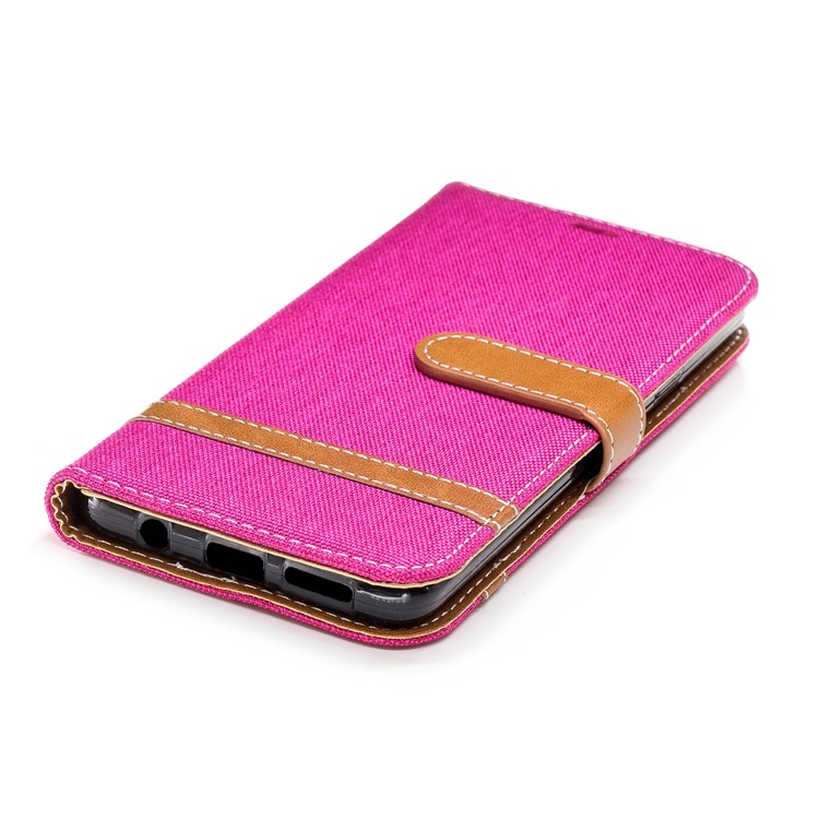 Jeans Cloth Skin Card Holder Leather Stand Phone Cover for Samsung Galaxy S9+ G965 - Rose-8