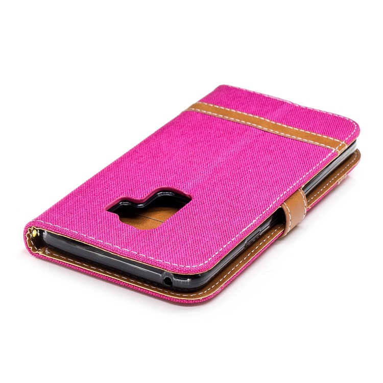 Jeans Cloth Skin Card Holder Leather Stand Phone Cover for Samsung Galaxy S9+ G965 - Rose-9