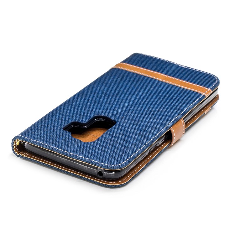 Jeans Cloth Skin Wallet Stand Leather Mobile Case Cover for Samsung Galaxy S9+ G965 - Dark Blue-9