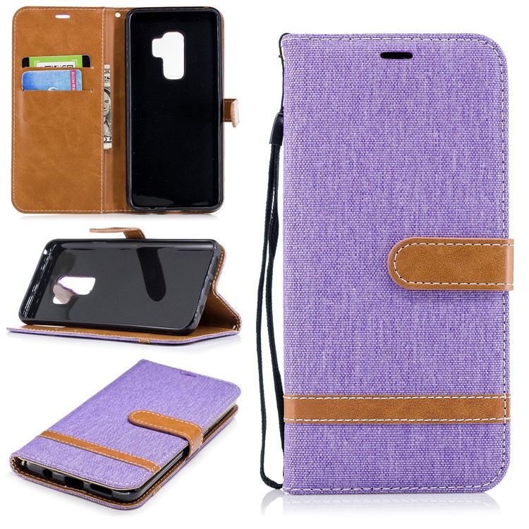 Jeans Cloth Skin Wallet Stand PU Leather Cellphone Case for Samsung Galaxy S9+ G965 - Purple-1